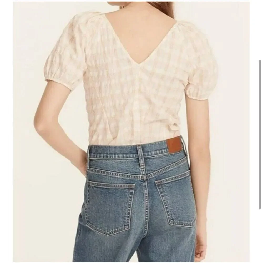 J Crew Women's V Back Puff Sleeve Textured Plaid Top Blouse Size 2 NWOT - Picture 3 of 12